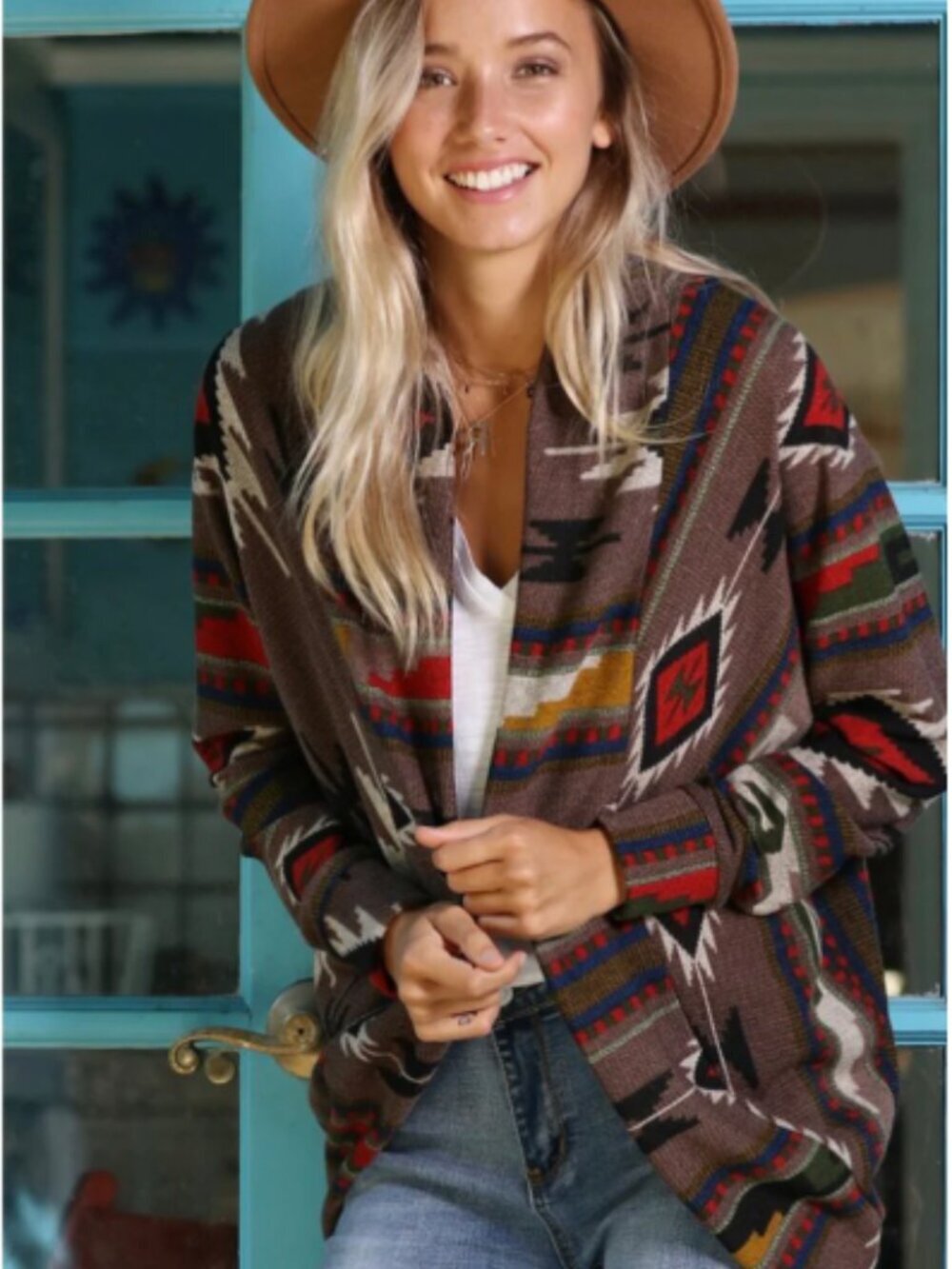 Wanna B Aztec Open-Front Cardigan Sweater in Brown and Red Medium